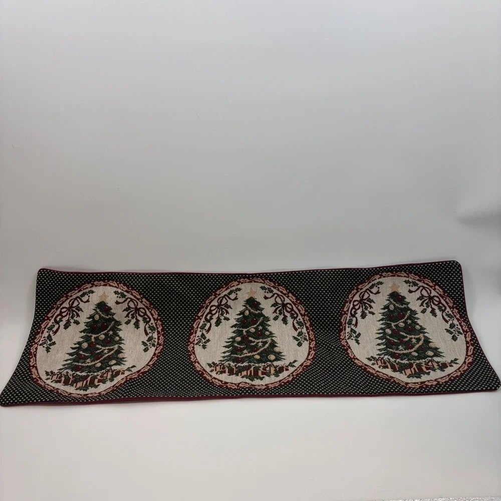 Vintage Style Christmas Tree Woven Tapestry Table Runner Burgundy Green 35in